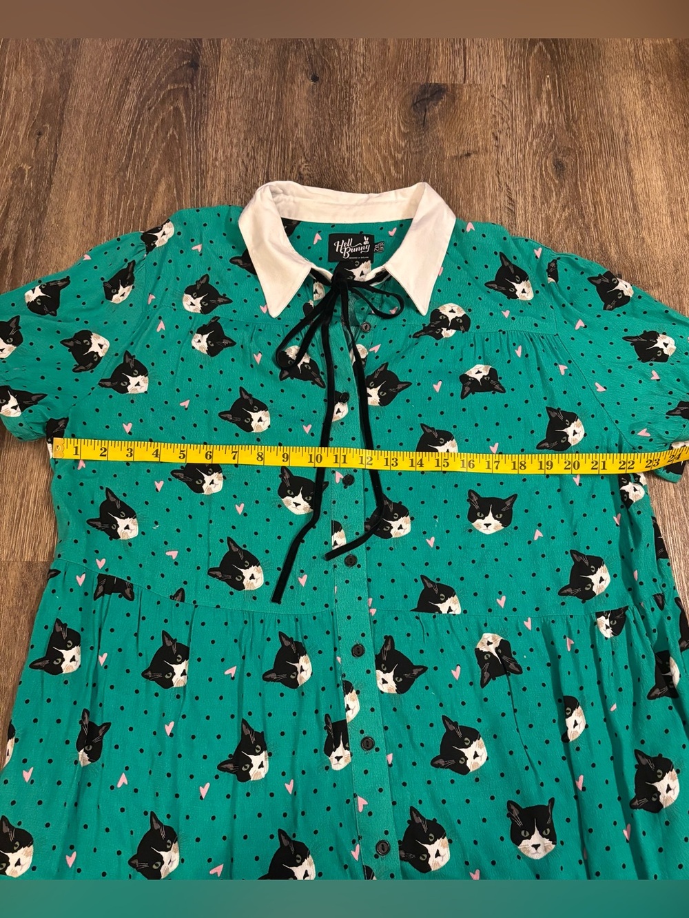 Hell Bunny Love Cat Face Lady Mini Dress White Collar Black Bow Smocked Teal 2XL - Picture 6 of 10